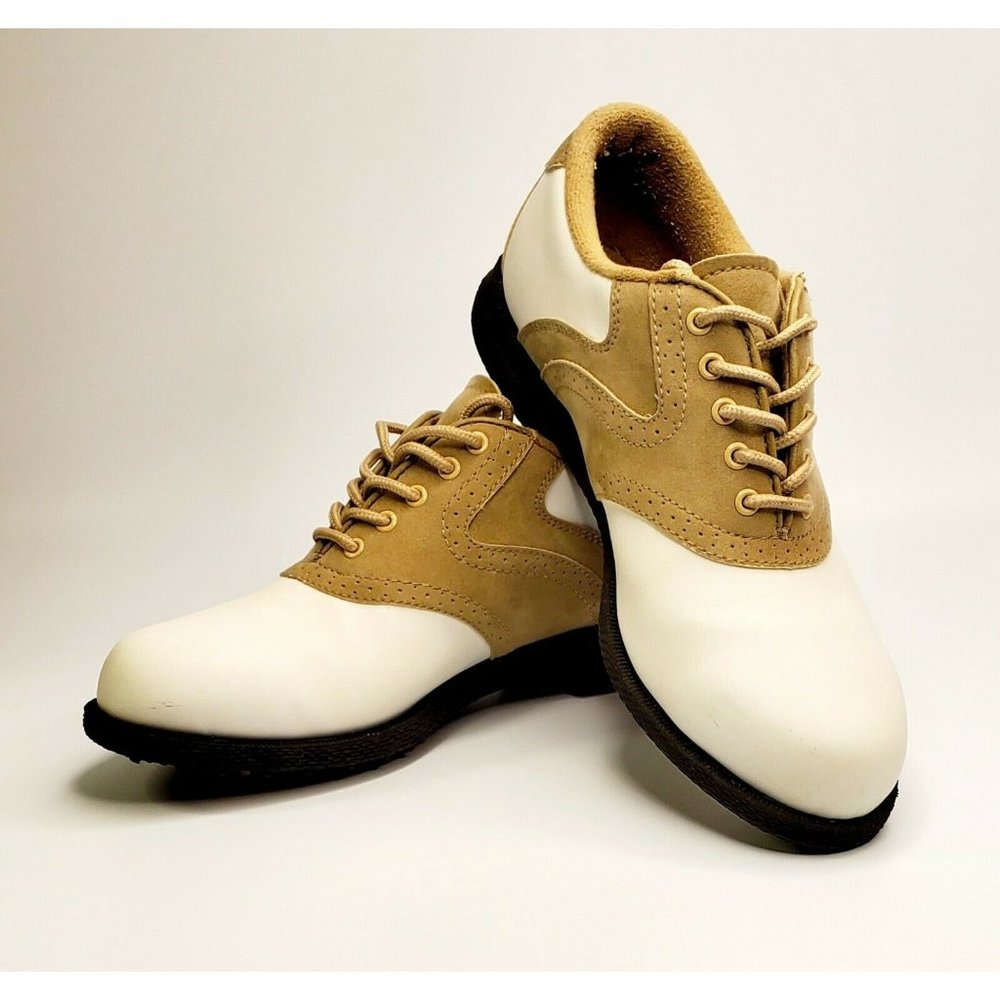 Austin Golf Shoes Boys Size 8 Birdie #JV5944 Tan /White Lace-Up Preowned